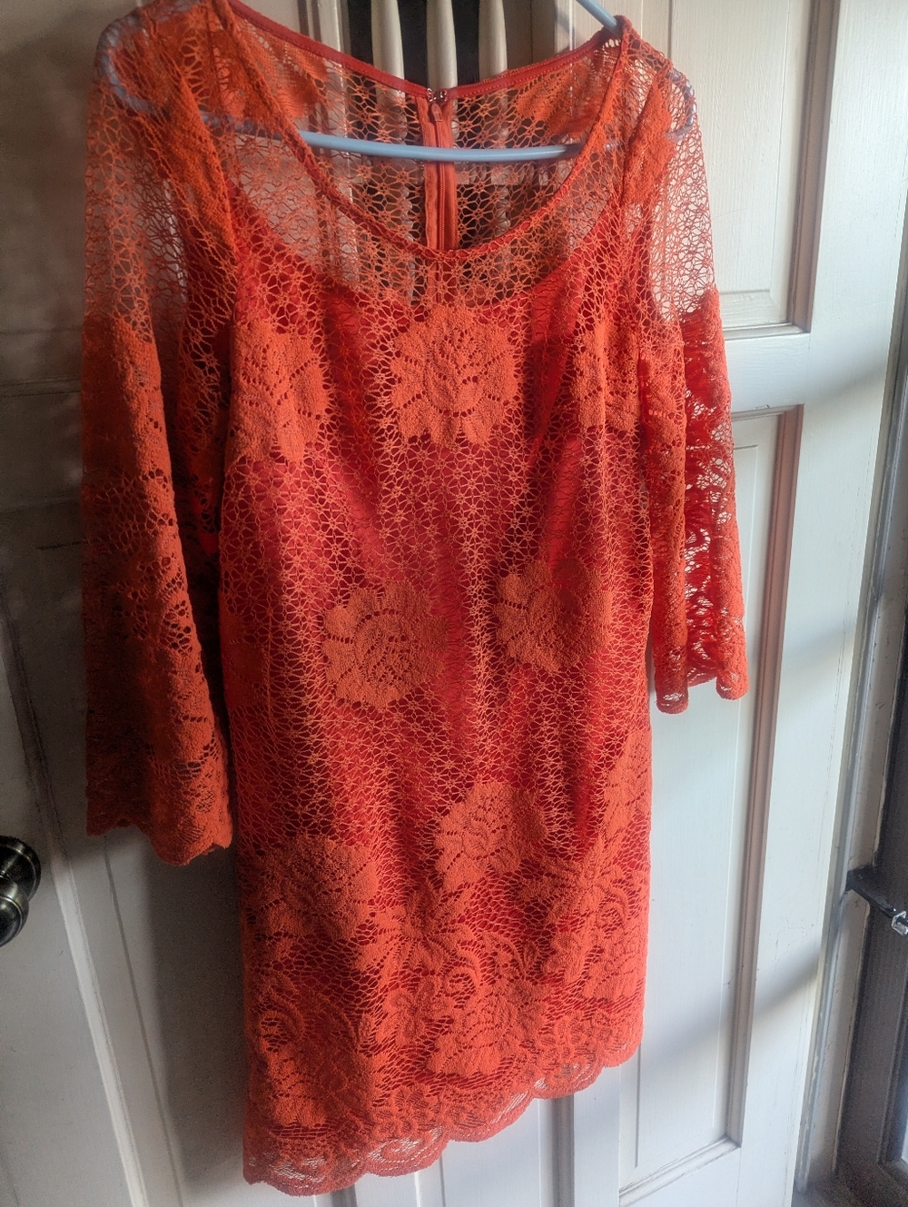 Kelly & Diane Tangerine Orange Lace Shift Dress - Women's Elegant Crochet Cover.